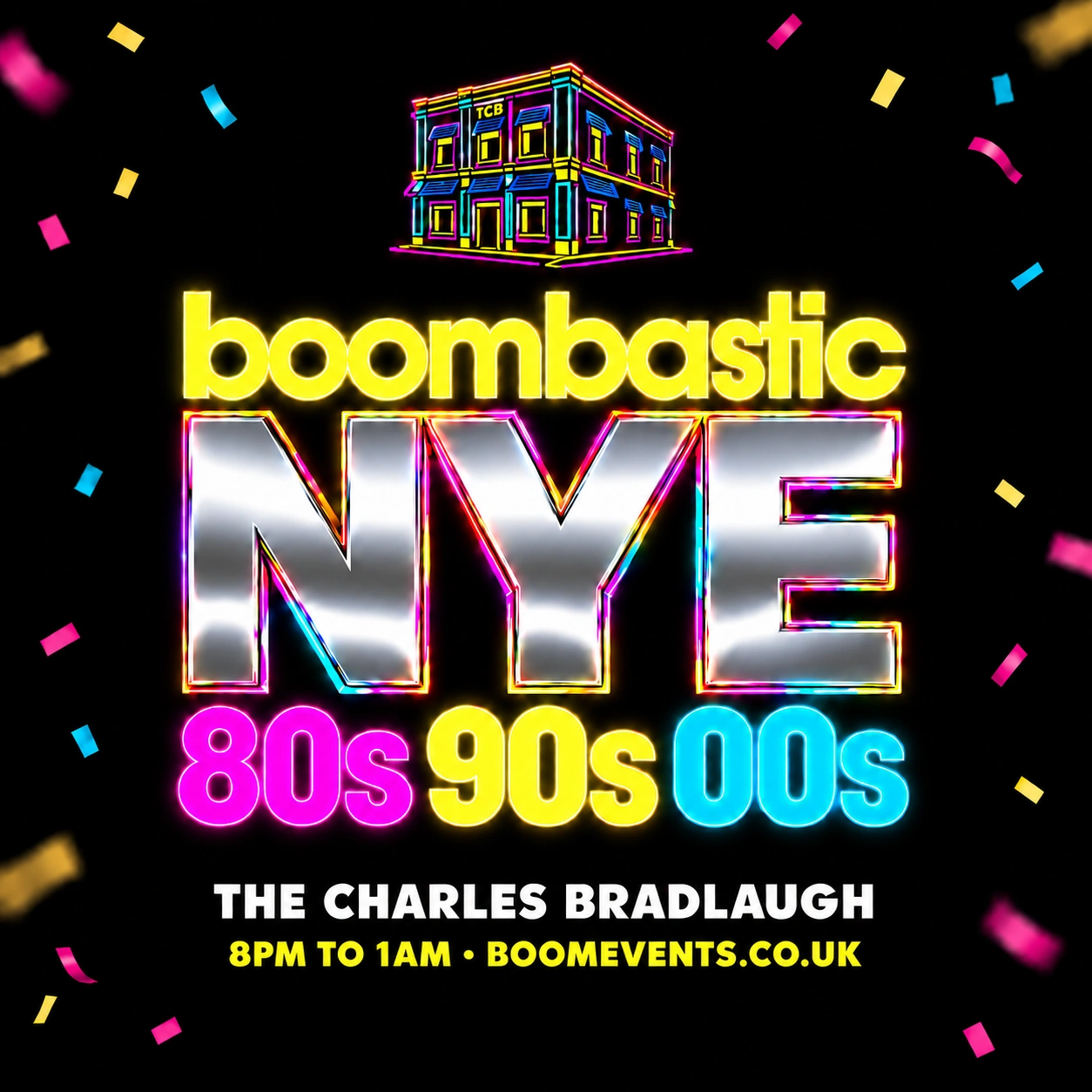 Official promotional artwork for Boombastic NYE: The Decades Party | 80s · 90s · 00s, Thu 31st Dec 2026
